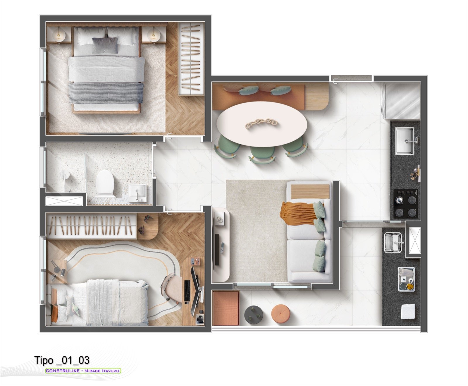 Planta do apartamento de 2 dormitórios, 43,07 ou 43,60 m²