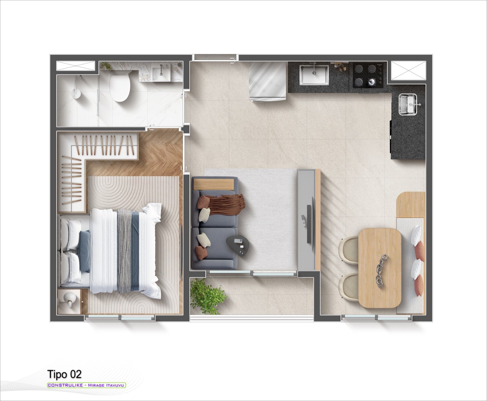 Planta do apartamento de 1 dormitório, living ampliado, 36,65 m²